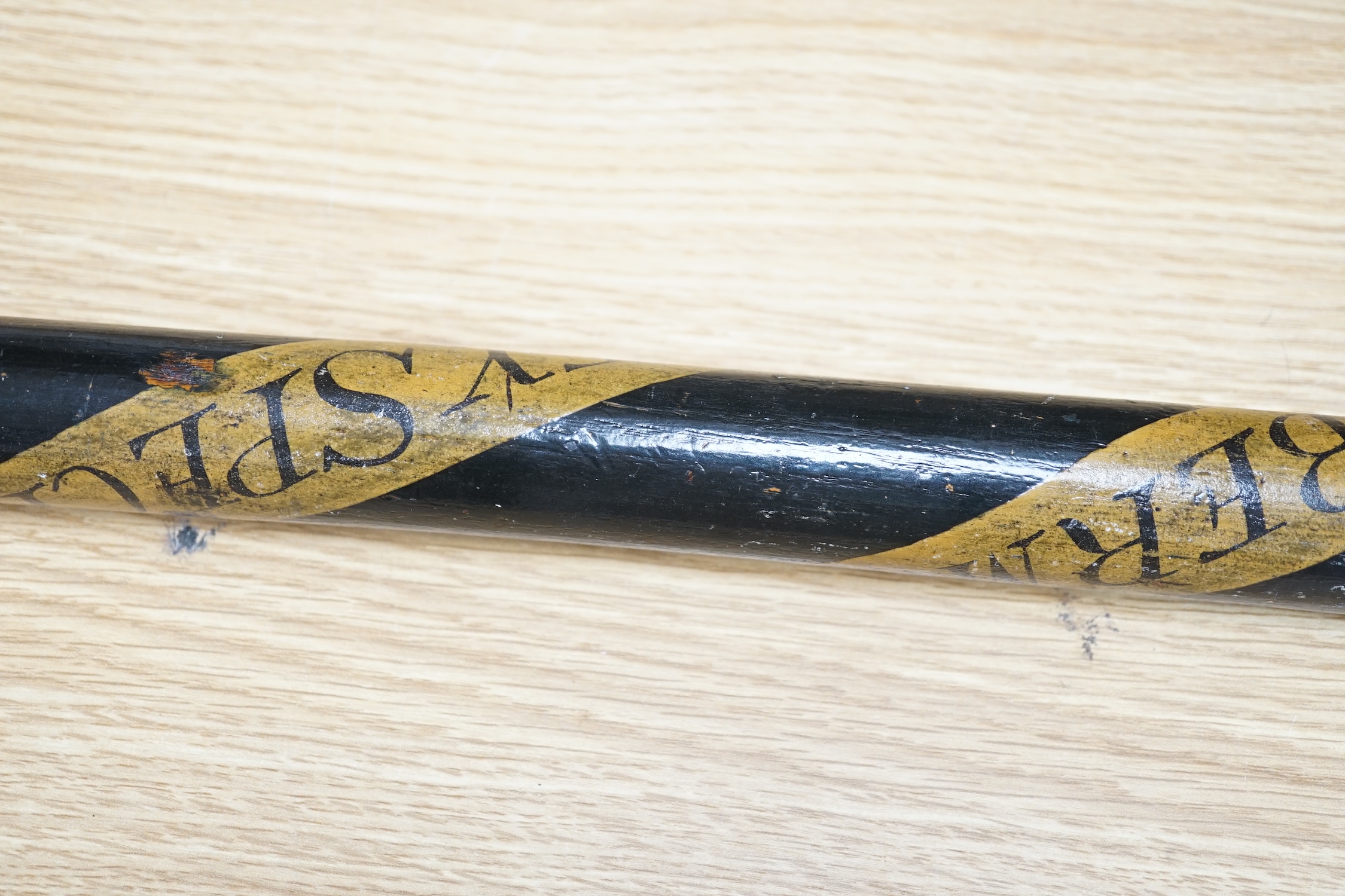 An unusually large George III horse mounted police constable's wooden truncheon, hand painted and inscribed Bermondsey Special Constable and numbered 79, 80cm in length